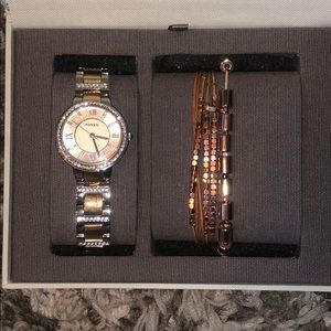 Fossil 3 Piece rose gold watch and bracelet set